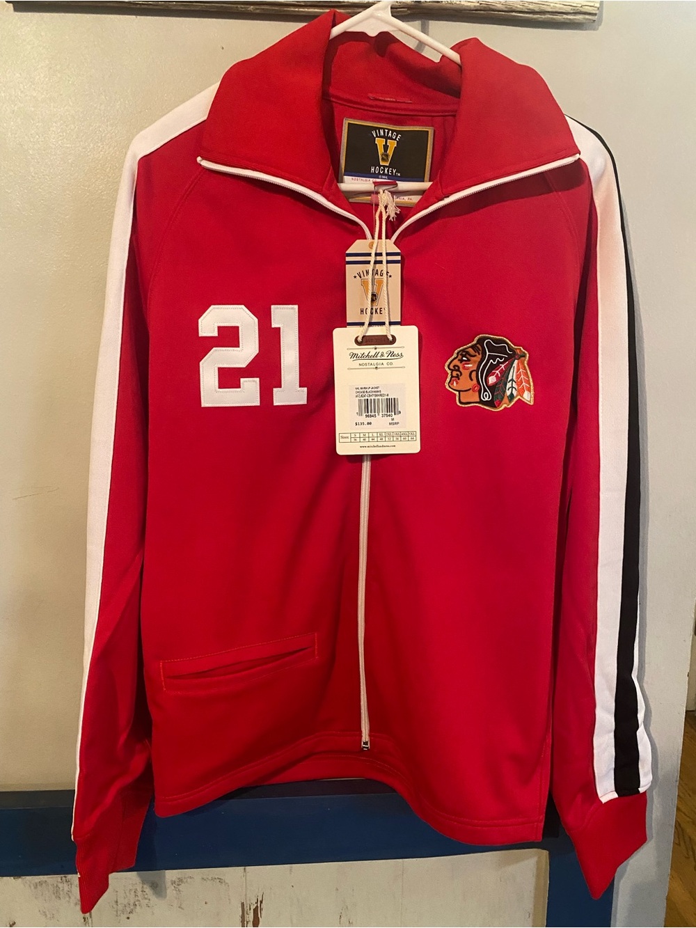 New W/Tags Mens Mitchell & Ness NHL Chicago Blackhawks Zip Up Warm Up Jacket,med